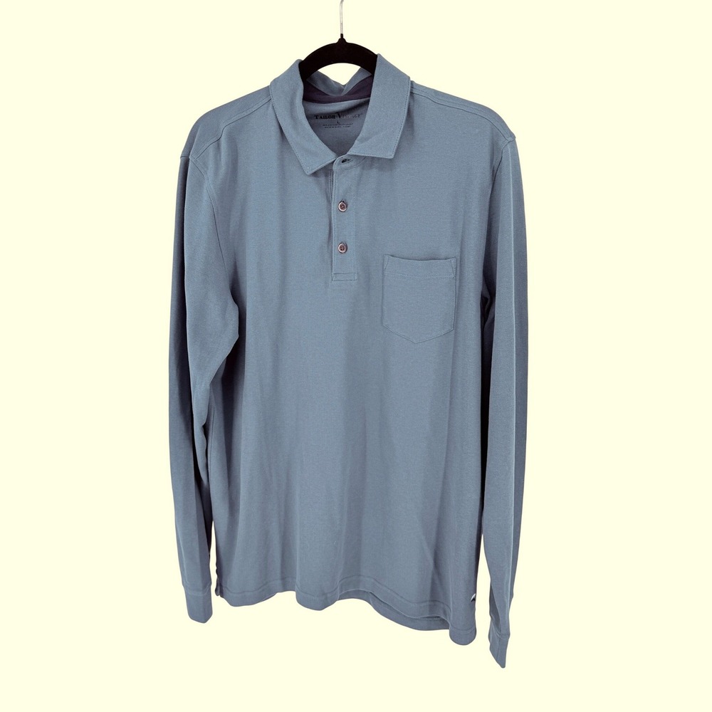 Tailor Vintage Mens Large Long Sleeve Polo Shirt Blue Pique Cotton Blend Pocket